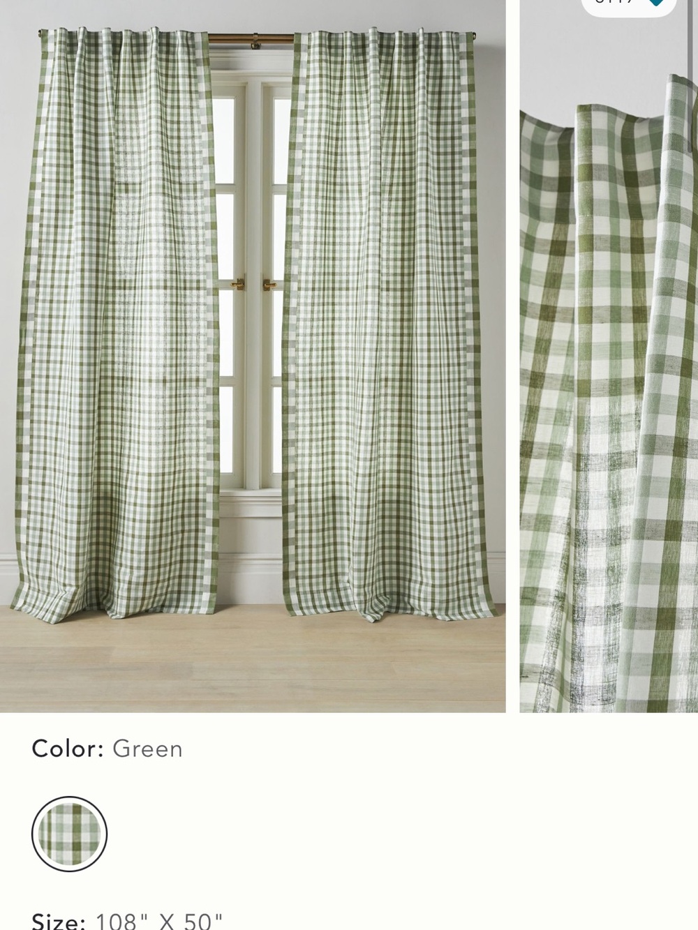 Anthropologie cotton linen Green Gingham Window Curtains. Set of 2.